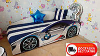 Кровать машинка серия Элит модель BMW белый со спортивным матрасом и подушкой