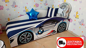 Ліжко машинка серія "Еліт" модель BMW білий зі спортивним матрацом та подушкою