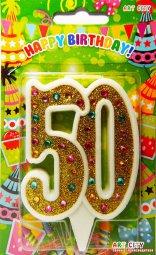 Свічка цифра золота для торта 50 ювілейна зі стразами, фото 1