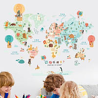 Наклейка на стіну в дитячий садок, у дитячу, в школу "карта світу: флора та фауна, світ звірів" 107 см*77см