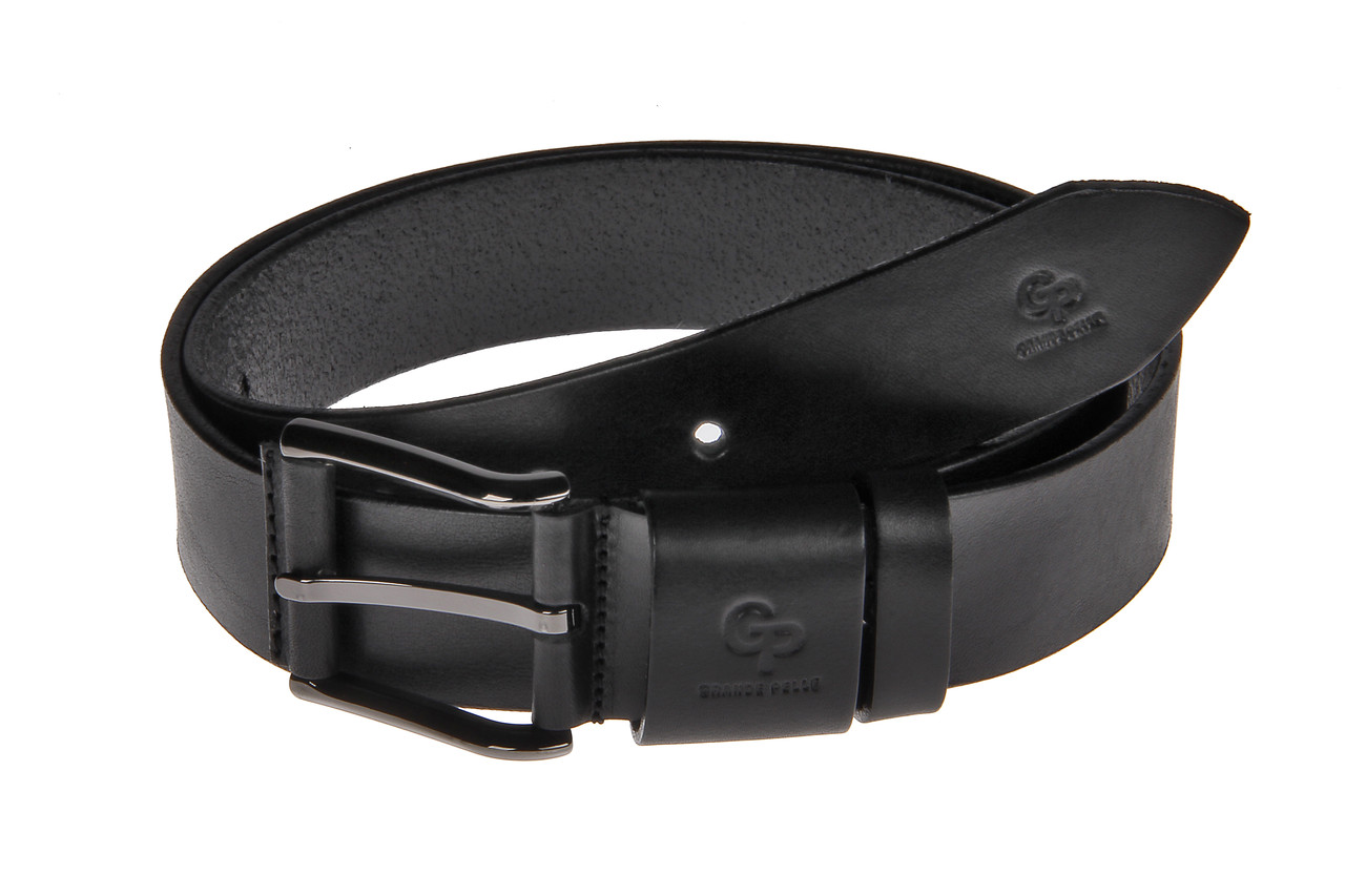Чорний джинсовий ремінь шкіряний з чорною бляшкою Grande Pelle чоловічий пояс класичний для джинс