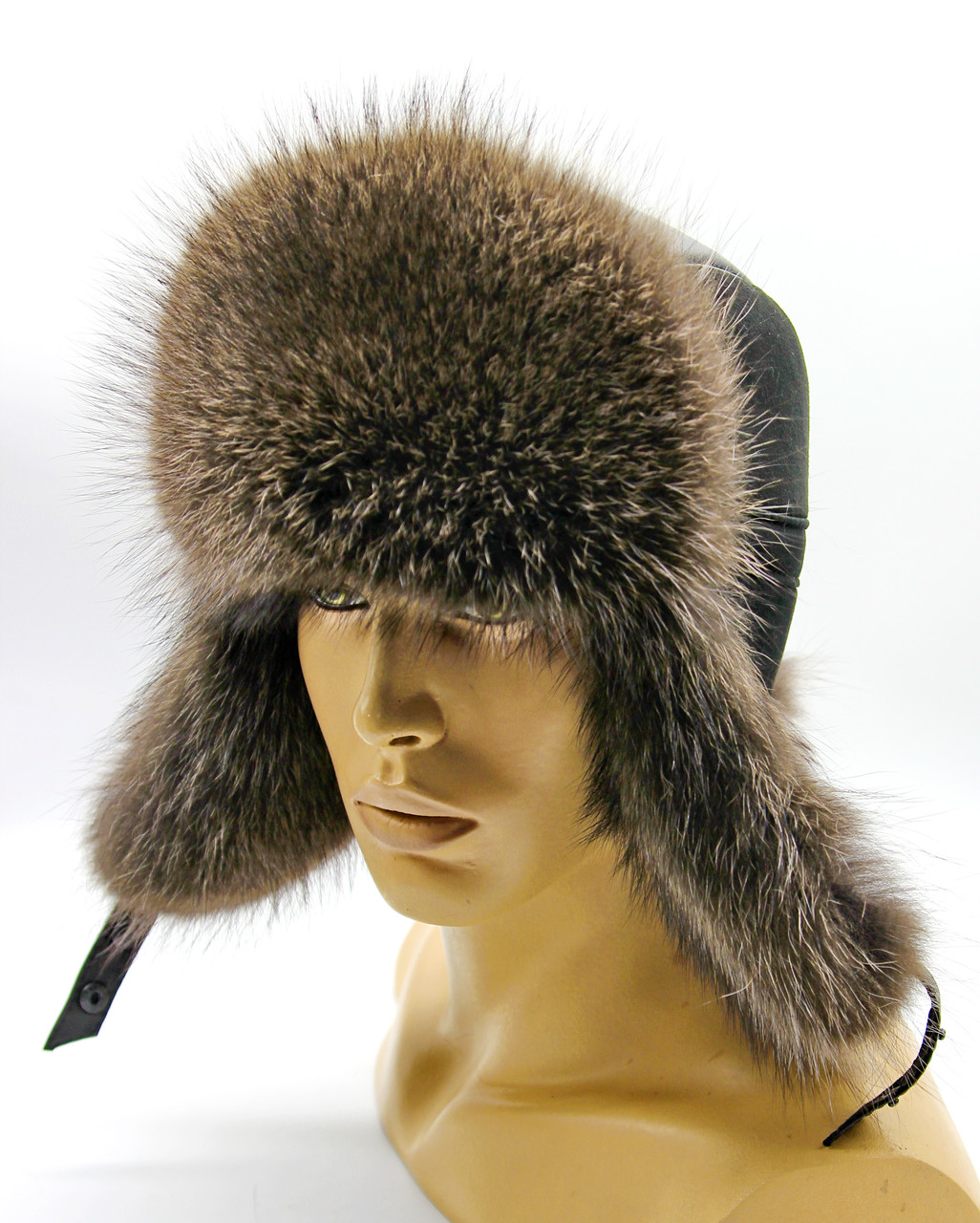 Зимова чоловіча шапка Вушанка з хутра єнота "Пилот" натурального кольору.