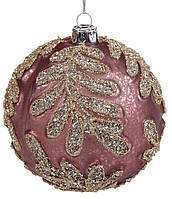 Новогодний шар стекло "Золотой листок" елочный шар, 8 см с декором из глиттера, цвет -пурпурный, набор 4 шт