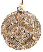 Новогодний шар стекло "Узор" елочный шар, 8см рельефной формы с декором из глиттер, цвет- шампань, набор 6 шт
