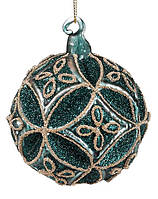 Новогодний шар стекло "Узор" елочный шар, 8см рельефной формы с декором из глиттер, цвет- зеленый, набор 6 шт