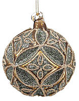 Новогодний шар стекло "Узор" елочный шар, 8см рельефной формы с декором из глиттер, цвет- золотог, набор 6 шт