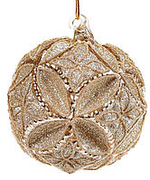 Новогодний шар стекло "Узор" елочный шар, 10см рельефной формы с декором из глиттер, цвет шампань, набор 4 шт