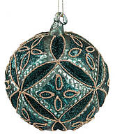 Новогодний шар стекло "Узор" елочный шар, 10см рельефной формы с декором из глиттер, цвет-зеленый, набор 4 шт