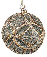 Новогодний шар стекло "Узор" елочный шар, 10см рельефной формы с декором из глиттер, цвет- золото, набор 4 шт