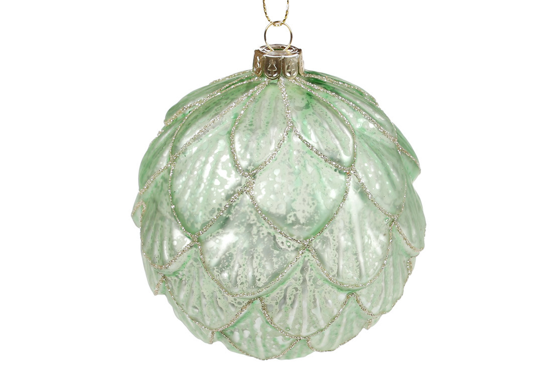 Ялинкова куля 10 см рельєфної форми з декором, колір — трав'яний зелений, скло, в пакованні 4 шт. (118-821)