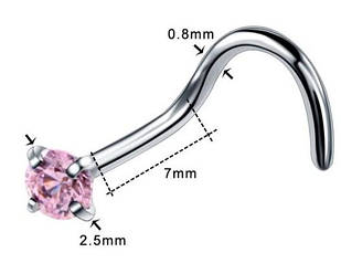 Пірсинг, сережок для носа, нострилу з кристалом 2,5 мм, форма твіст