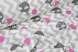 Бавовняна тканина "Слони з парасолькою малиновим" і сірий зигзаг № 902
