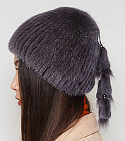 Жіноча хутряна шапка з норки на в'язаній основі, Модель "Паричок", колір "темний-фіолет", фото 4