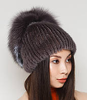 Жіноча хутряна шапка з норки на в'язаній основі, Модель "Фата", колір "світло-коричневий"