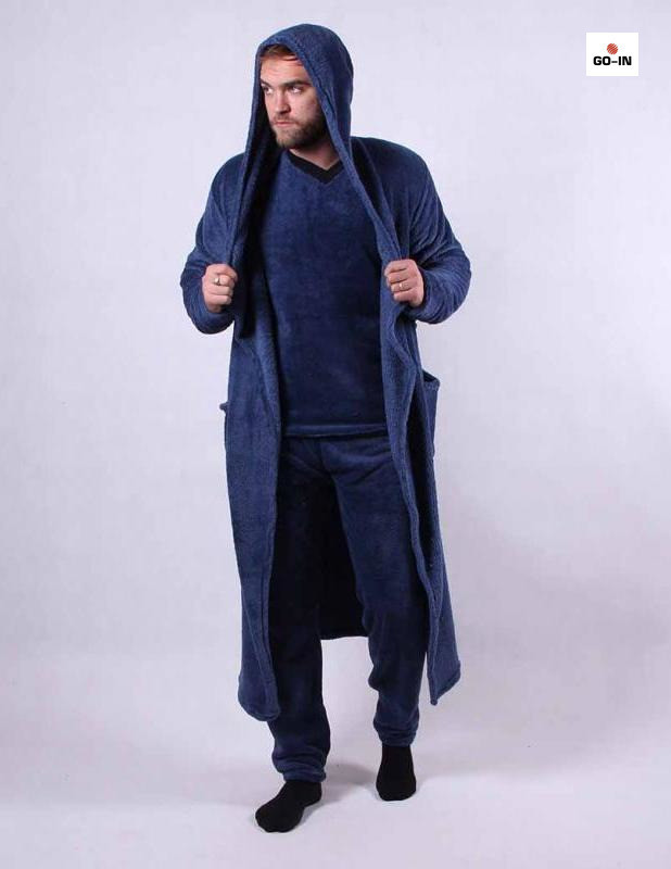 Чоловіча піжама з халатом махрова однотонна тепла синя 44-60р.