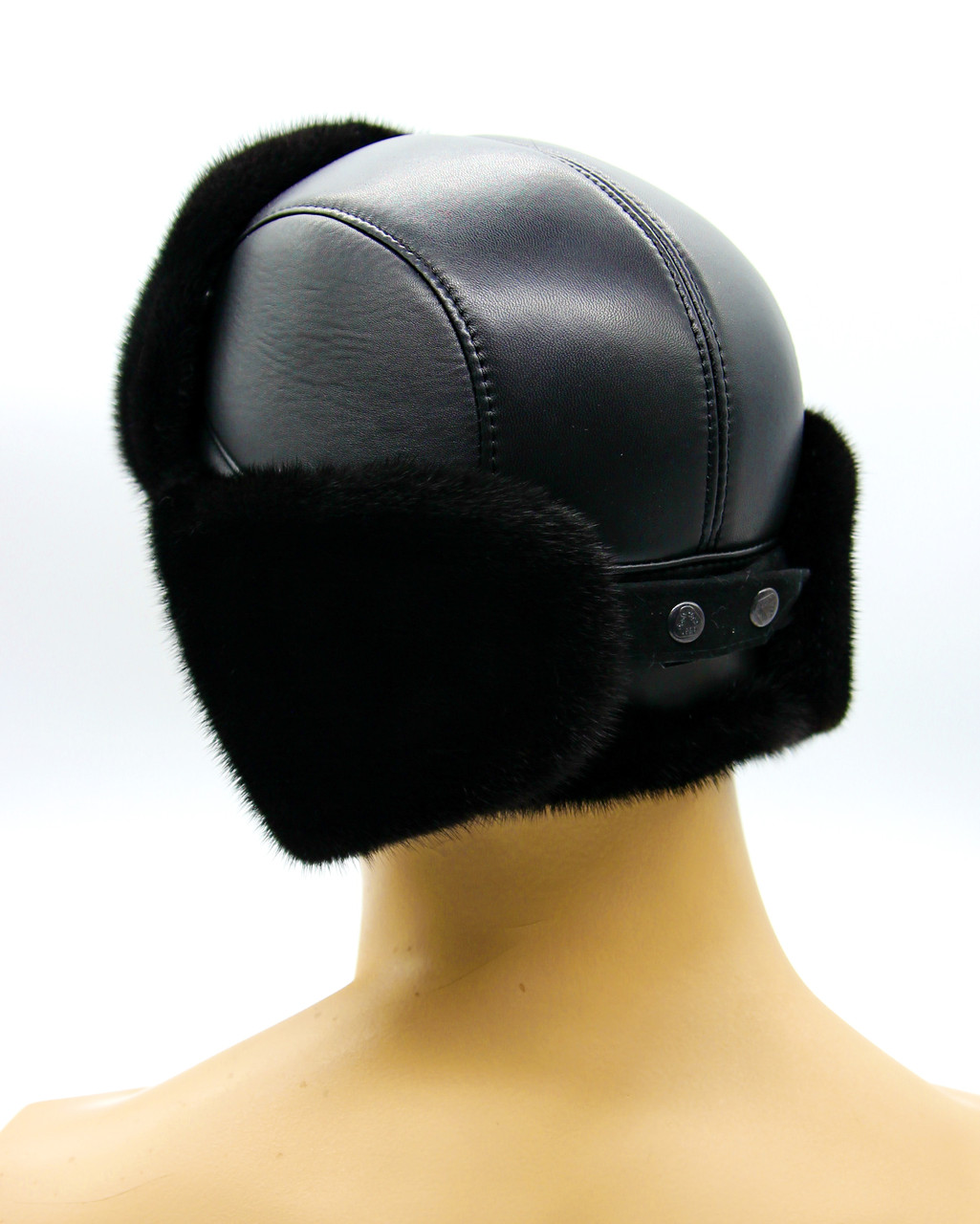 Меховая шапка ушанка из норки и кожи "Пилот" черная. - фото 3 - id-p25473523