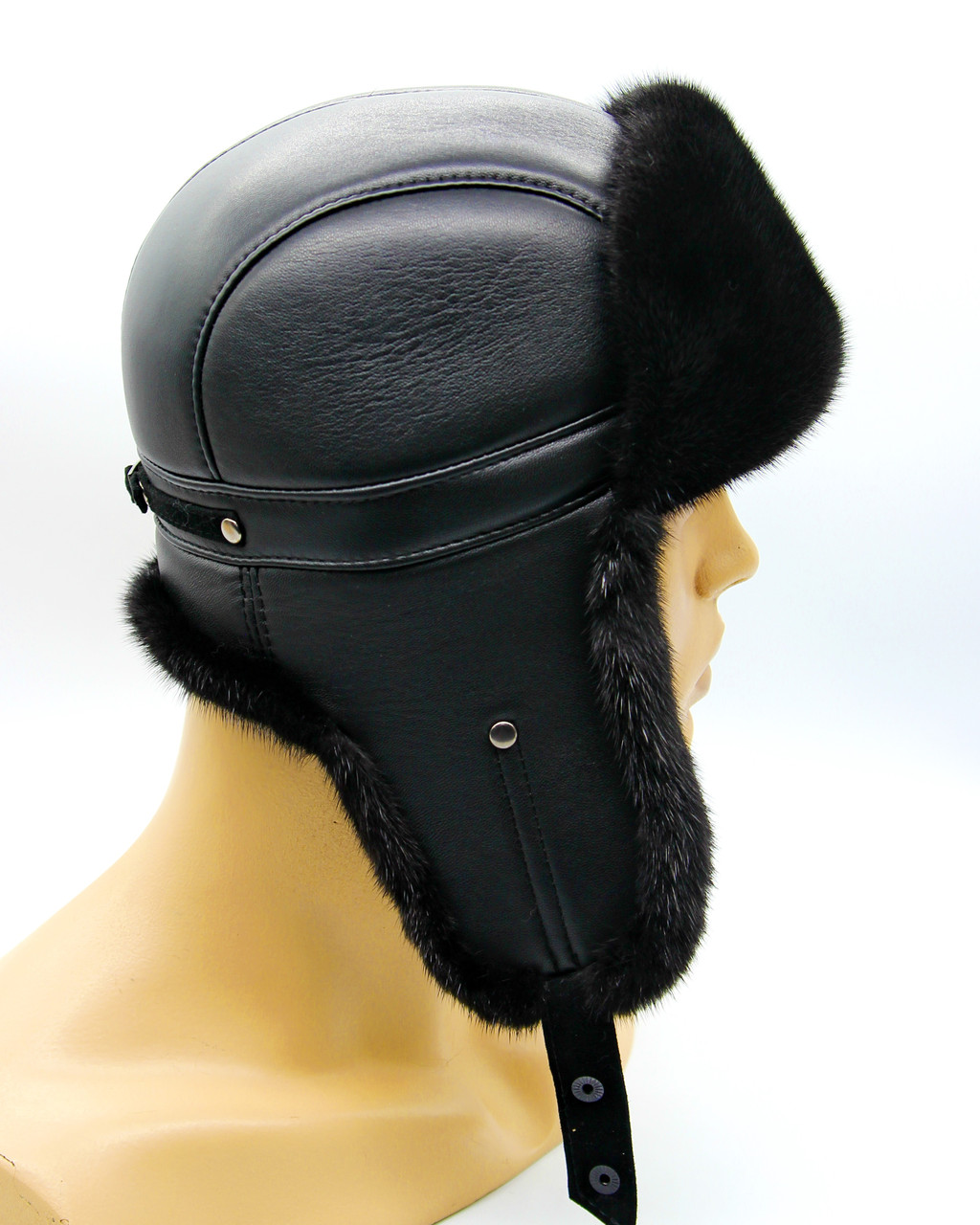 Меховая шапка ушанка из норки и кожи "Пилот" черная. - фото 8 - id-p25473523