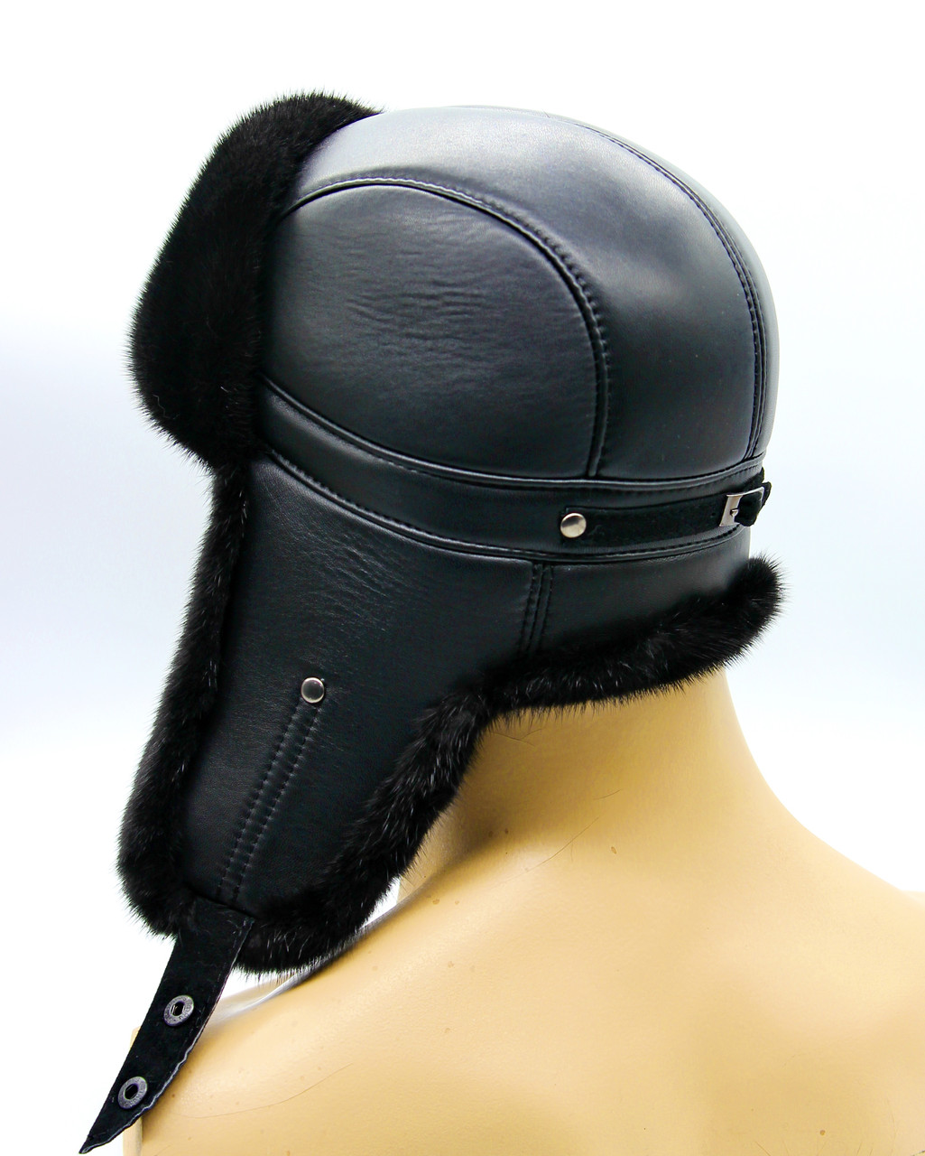 Меховая шапка ушанка из норки и кожи "Пилот" черная. - фото 9 - id-p25473523