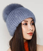 Женская меховая шапка норковая на трикотажной основе, Модель "Эдельвейс", цвет "сапфир"