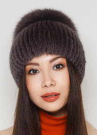 Жіноча хутряна шапка з нірки на трикотажній основі, Модель "Едельвейс", колір "світло-коричневий"