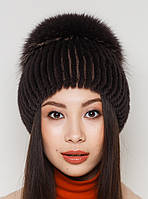 Жіноча хутряна шапка з нірки на в'язаній основі, Модель "Едельвейс", колір "темно-коричневий", фото 3