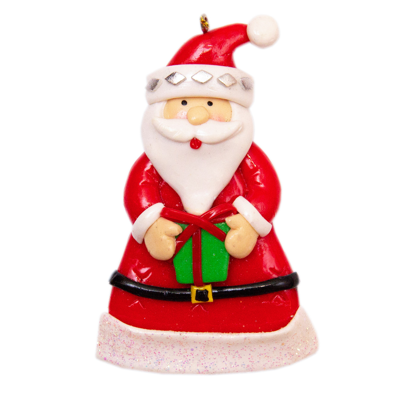 Новорічна ялинкова іграшка - фігурка Дід Мороз з маленьким подарунком, 9 см, червоний, пластик, кераміка (000371-6)