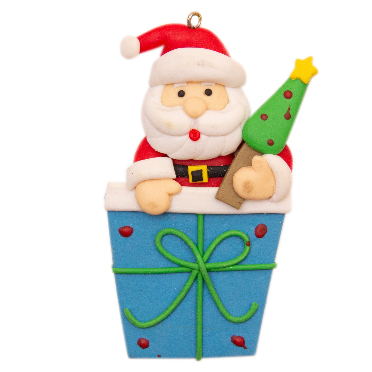 Новорічна ялинкова іграшка - фігурка Дід Мороз з великим подарунком, 9 см, синій, кераміка (000371-7)