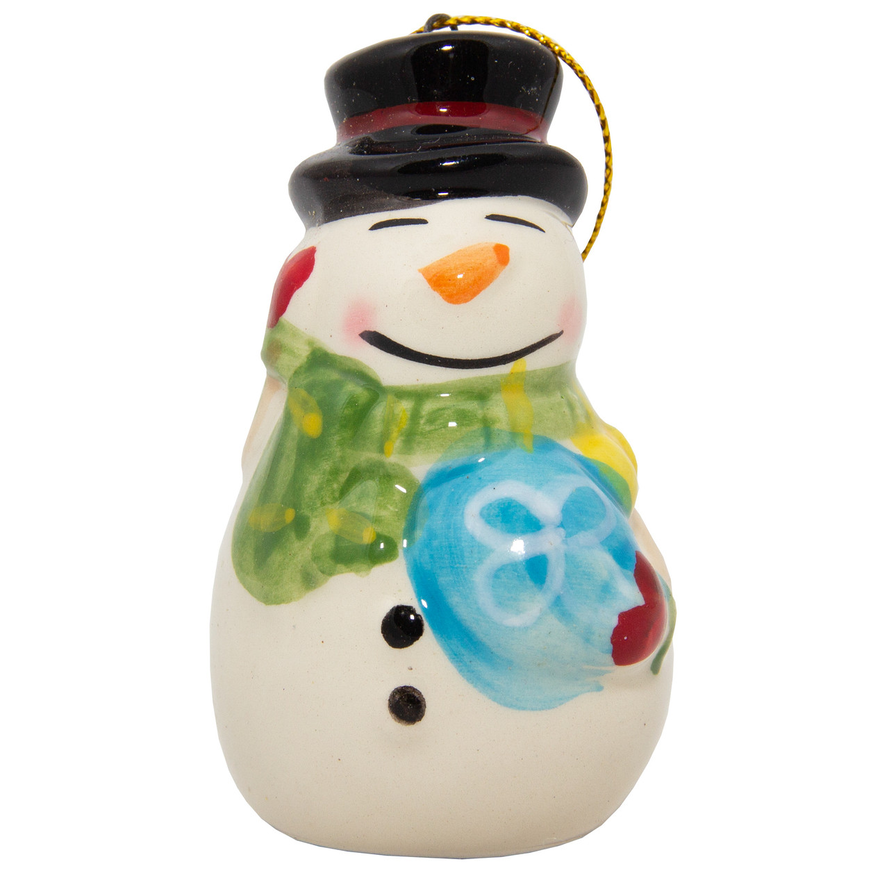 Новорічна ялинкова іграшка - фігурка Сніговик у чорному капелюсі, 7,5 см, білий, кераміка (000432-4)
