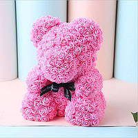 Ведмедик із троянд (матеріал фоамиран) Lerosh - рожевий 40 см, чорний бант