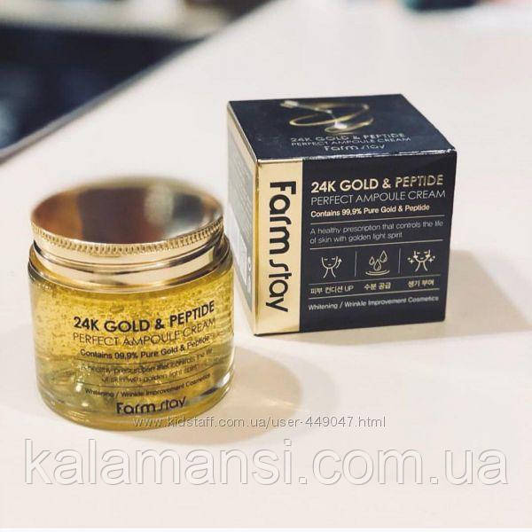 Антивозрастной крем с частичками золота и пептидами FarmStay 24K Gold Peptide Perfect Ampoule Cream 80 мл - фото 2 - id-p1023515082