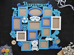 Дерев'яна дитяча фоторамка метрика на перший рік. Рамка з дерева на 12 місяців. Микита (будь-яке ім'я)