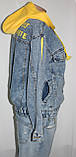 Піджак джинсова Куртка жіноча, стильна модна зі знімним жовтим трикотажним капюшоном, фото 2