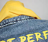 Піджак джинсова Куртка жіноча, стильна модна зі знімним жовтим трикотажним капюшоном, фото 6