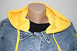 Піджак джинсова Куртка жіноча, стильна модна зі знімним жовтим трикотажним капюшоном, фото 9