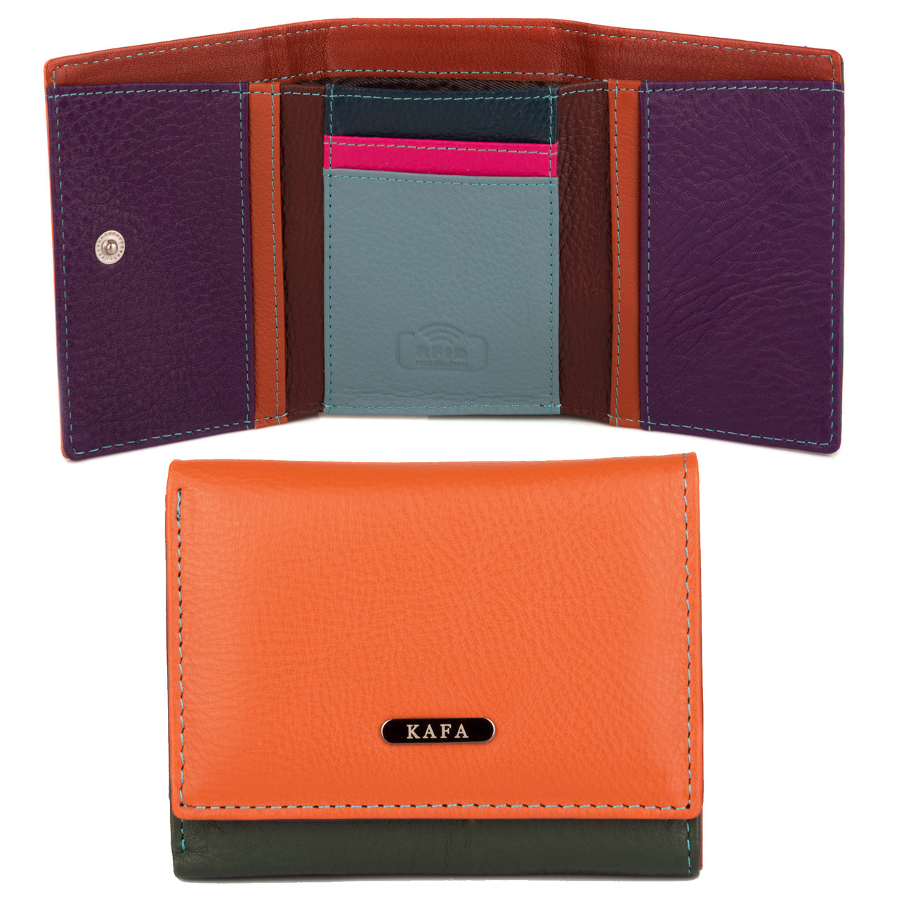 Маленький шкіряний жіночий гаманець з RFID захистом Kafa (413 orange-dark green)
