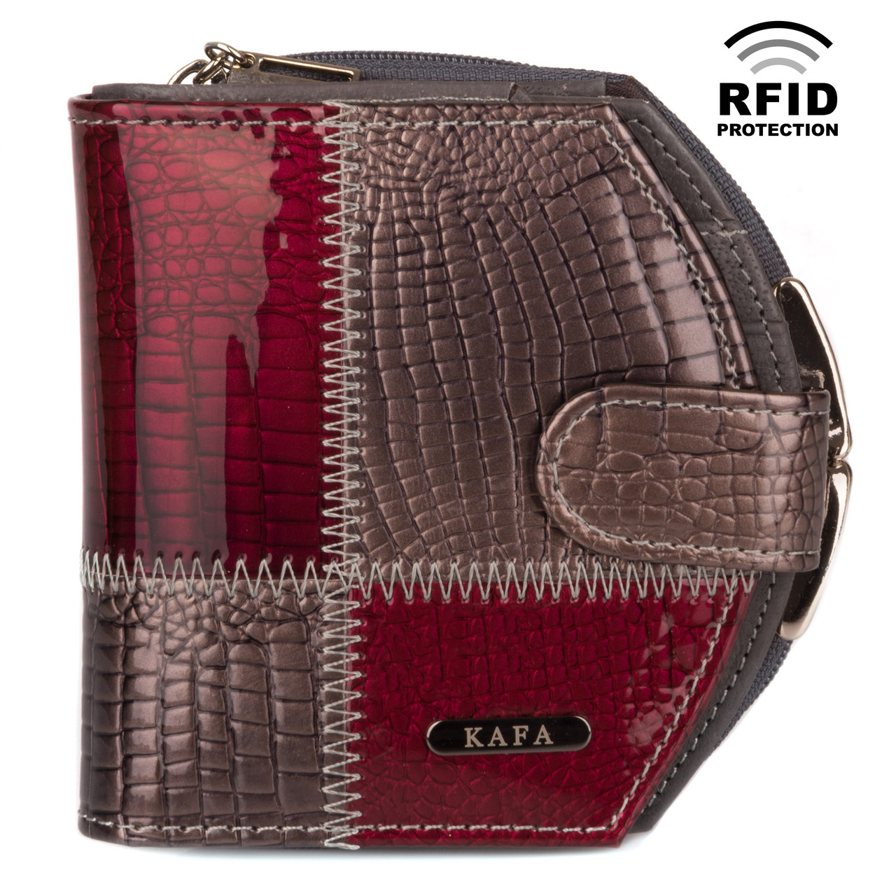 Компактний жіночий Гаманець Шкіряний Kafa з RFID захистом (AE1869 silver grey-day red)