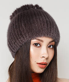 Жіноча хутряна шапка з норки на в'язаній основі, Модель "Ева", колір "світло-коричневий"
