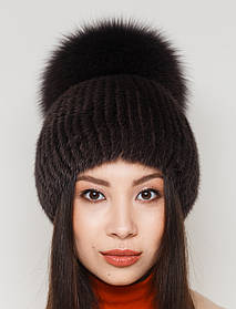 Жіноча хутряна шапка норкова на трикотажній основі, Модель "Малібу", колір "Темно-коричневий"
