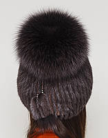 Жіноча хутряна шапка норкова на трикотажній основі, Модель "Малібу", колір "Темно-коричневий", фото 4