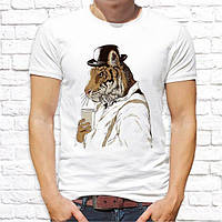 Мужская футболка с принтом Тигр с напитком L, Белый Push IT