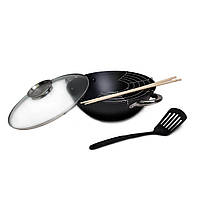 Казан чавунний Wok Kamille з антипригарним покриттям із кришкою лопаткою сіткою і 2 паличками 3,6 л