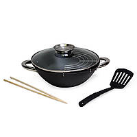 Чавунний казан Kamille Wok 5.6 л з кришкою лопаткою сіткою і 2 паличками