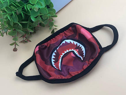 Маска захисна на обличчя багаторазова A Bathing Ape Bape Бафф Shark Камуфляж Хакі Червона, фото 1
