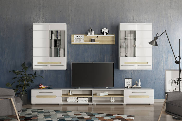 Стильная белая глянцевая стенка подвесная под телевизор в гостиную, зал ...