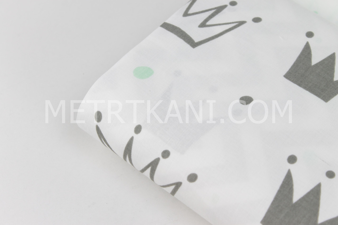 Лоскуток. Тканина бавовняна сірі та салатово-м'ятні "Корони" на білому 99*160 см, фото 1