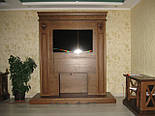 Стінка ТВ з дерева у вітальню з порталом під камін, свічки, дзеркало, фото 7