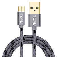 Кабель синхронизации Topk microUSB 1m 2.4A нейлоновый серый (TK09U-VER2-GR)