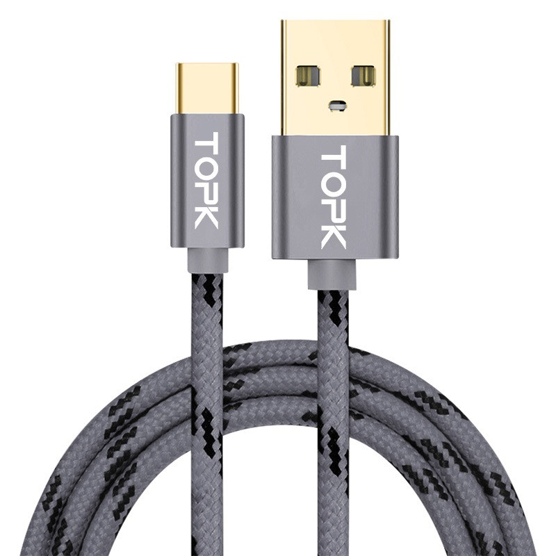 Кабель синхронізації Topk USB Type-C 1m 3A нейлоновий сірий (TK09C-VER2-GR), фото 1