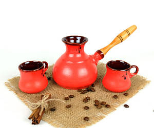 Турка Червона керамічна з дерев'яною ручкою і чашками 350 мл + розсікач