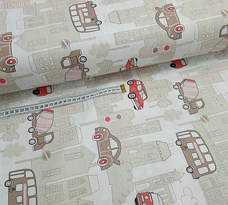 Бавовняна тканина (ТУРЦІЯ шир. 2,4 м) місто з коричнево-червоними машинками